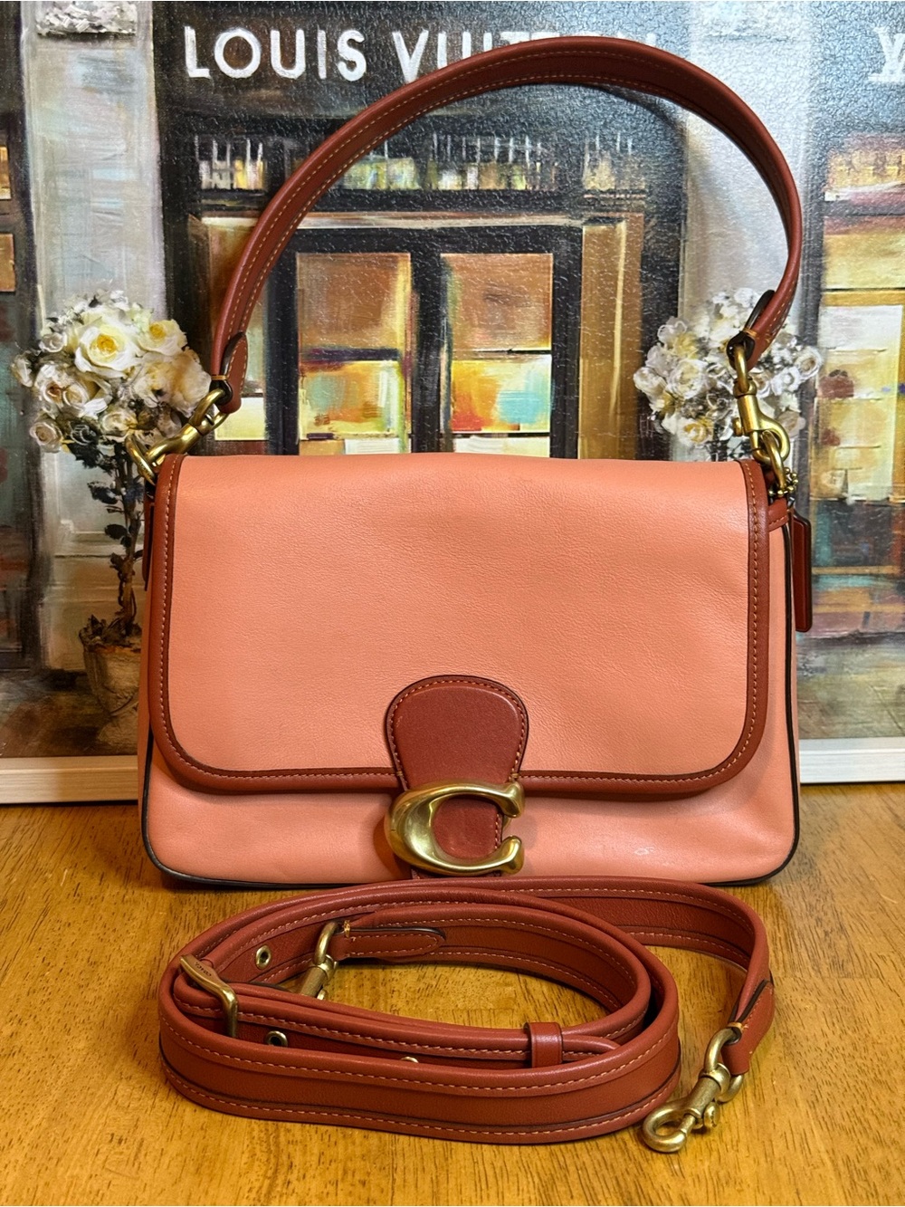 Coach Peach and Brown smooth Pebble Leather Shoulder Bag with Brass 'C'